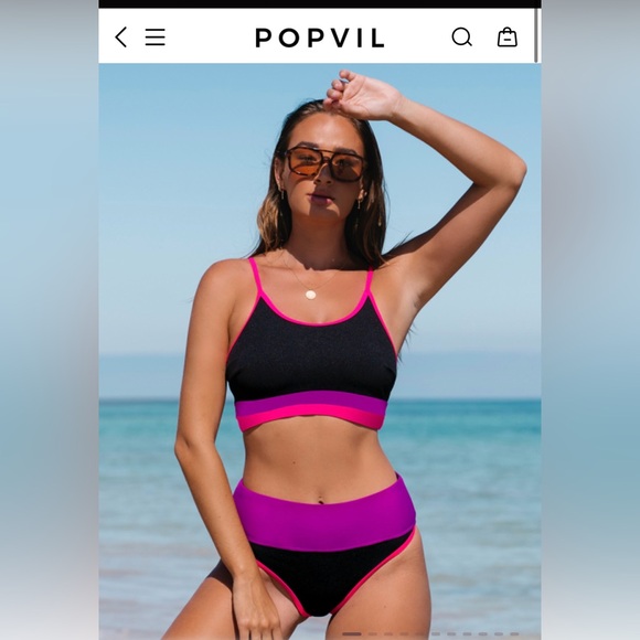 Popvil Black with Neon Pink & Purple Bikini Swimsuit Set - Picture 1 of 4